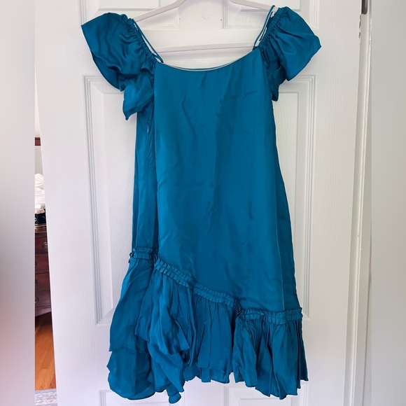 Cinq á Sept Minella Off-the-Shoulder Ruffled Satin Mini Dress in Teal - Picture 2 of 9